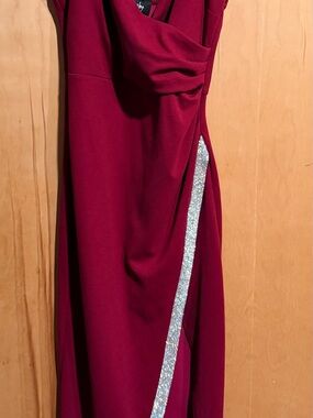 by & by Wine Red Prom Dress with Silver Stripe
